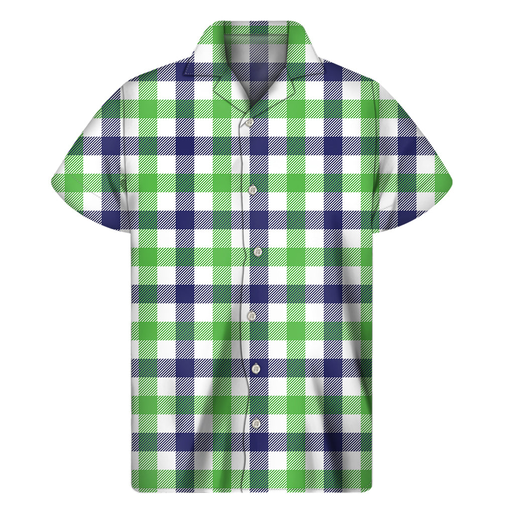 White Navy And Green Plaid Print Men's Short Sleeve Shirt