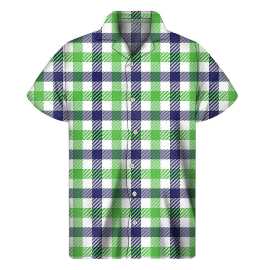 White Navy And Green Plaid Print Men's Short Sleeve Shirt