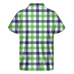 White Navy And Green Plaid Print Men's Short Sleeve Shirt