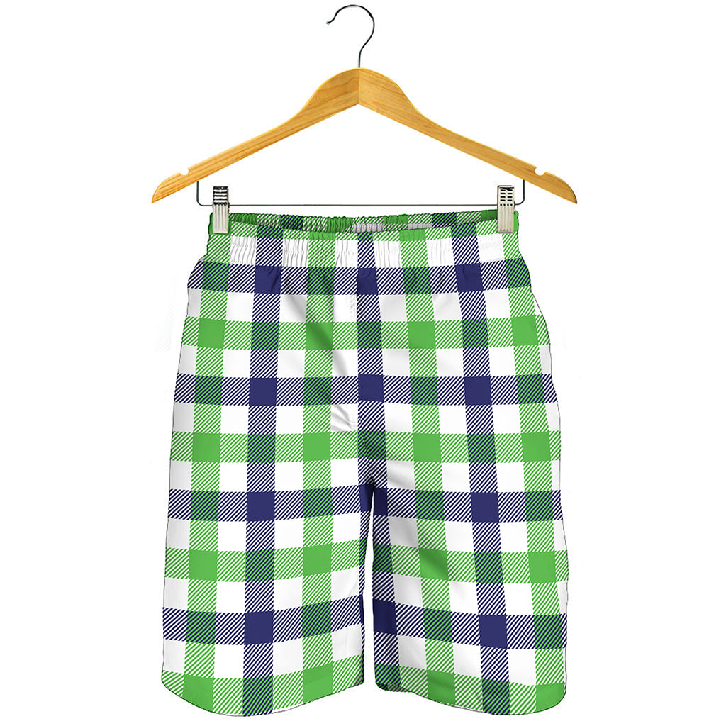 White Navy And Green Plaid Print Men's Shorts