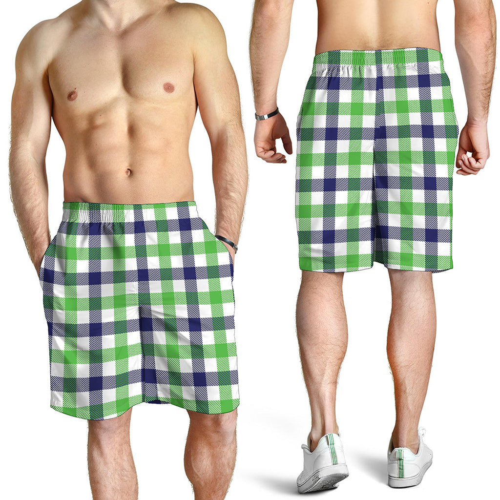 White Navy And Green Plaid Print Men's Shorts