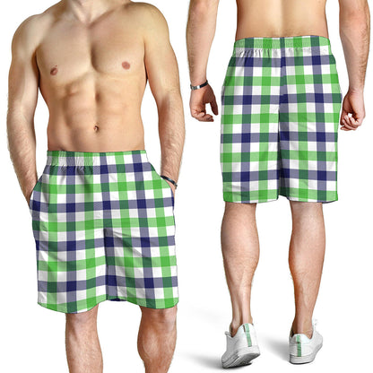 White Navy And Green Plaid Print Men's Shorts