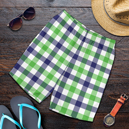 White Navy And Green Plaid Print Men's Shorts