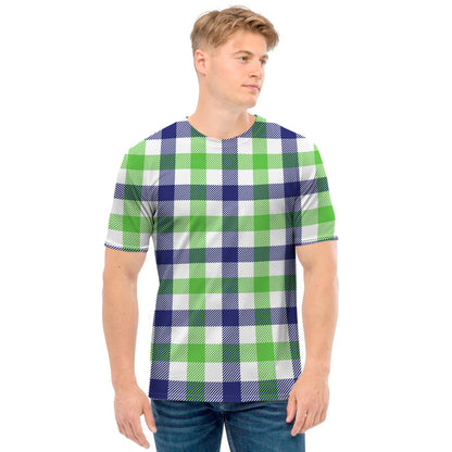 White Navy And Green Plaid Print Men's T-Shirt