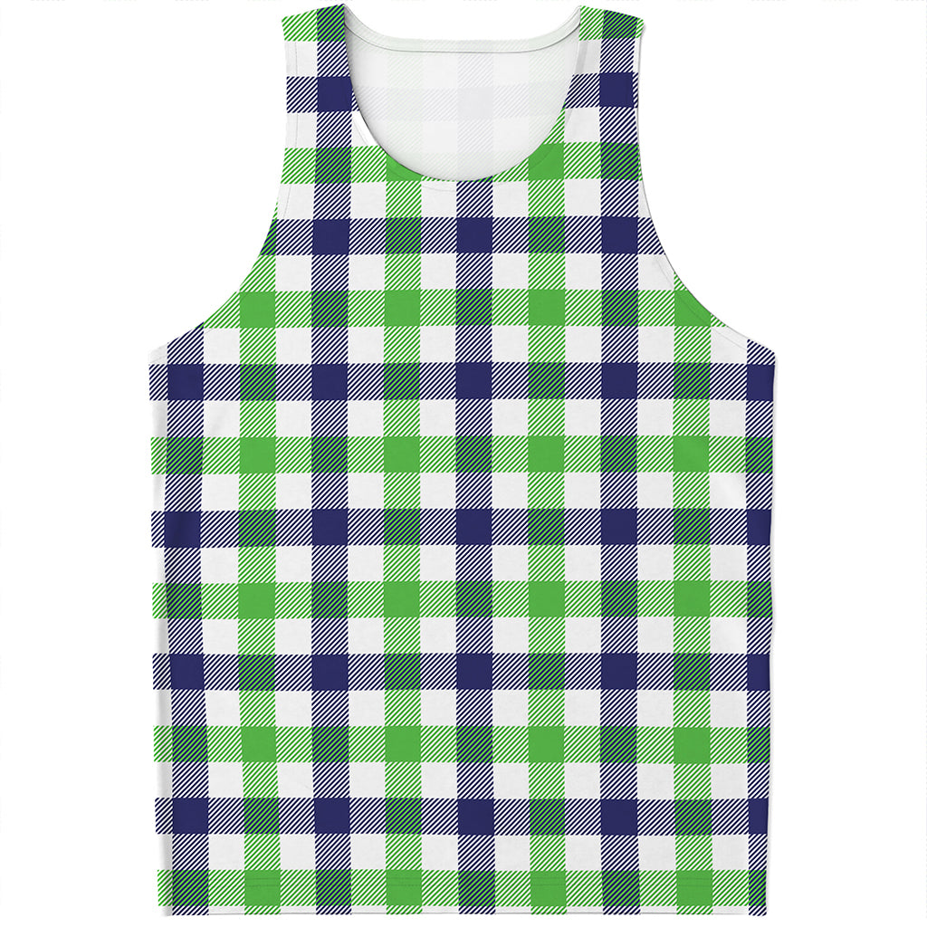 White Navy And Green Plaid Print Men's Tank Top