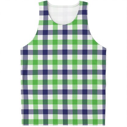 White Navy And Green Plaid Print Men's Tank Top