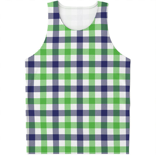White Navy And Green Plaid Print Men's Tank Top