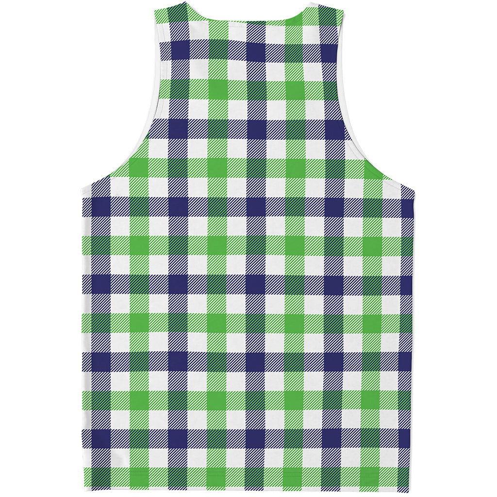 White Navy And Green Plaid Print Men's Tank Top