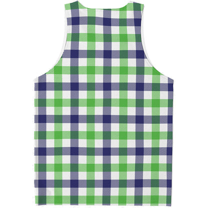White Navy And Green Plaid Print Men's Tank Top