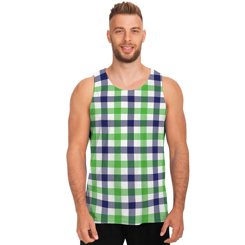 White Navy And Green Plaid Print Men's Tank Top