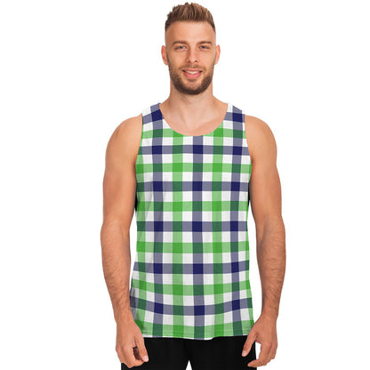 White Navy And Green Plaid Print Men's Tank Top