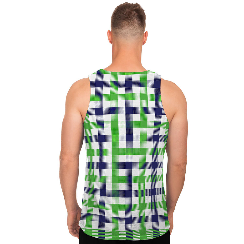 White Navy And Green Plaid Print Men's Tank Top