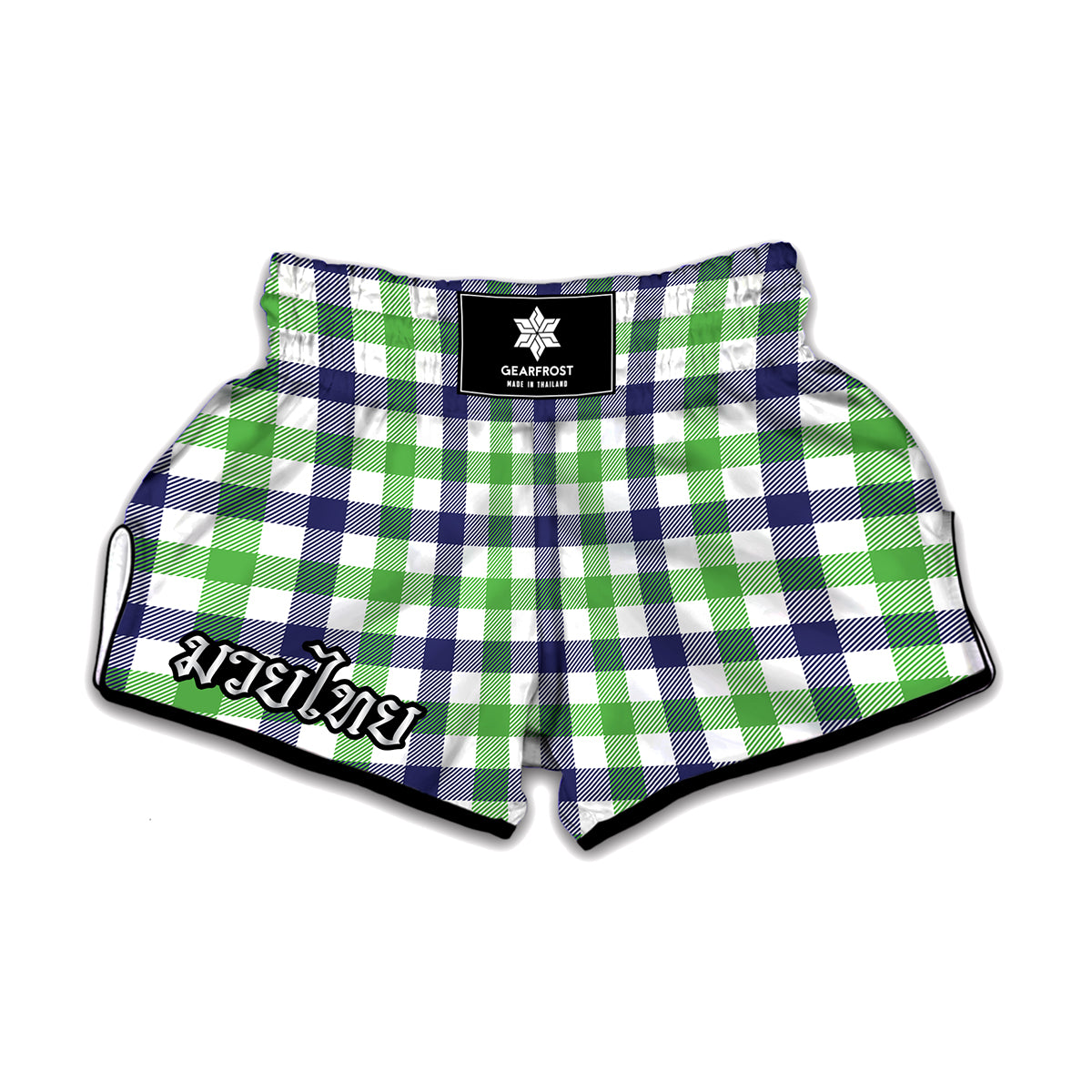 White Navy And Green Plaid Print Muay Thai Boxing Shorts
