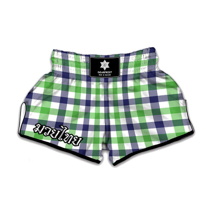 White Navy And Green Plaid Print Muay Thai Boxing Shorts