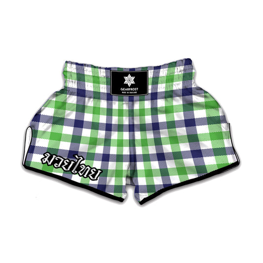 White Navy And Green Plaid Print Muay Thai Boxing Shorts