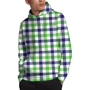 White Navy And Green Plaid Print Pullover Hoodie