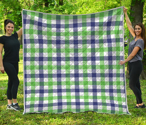 White Navy And Green Plaid Print Quilt