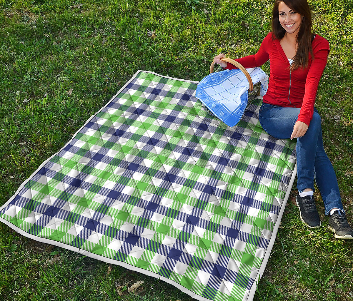 White Navy And Green Plaid Print Quilt