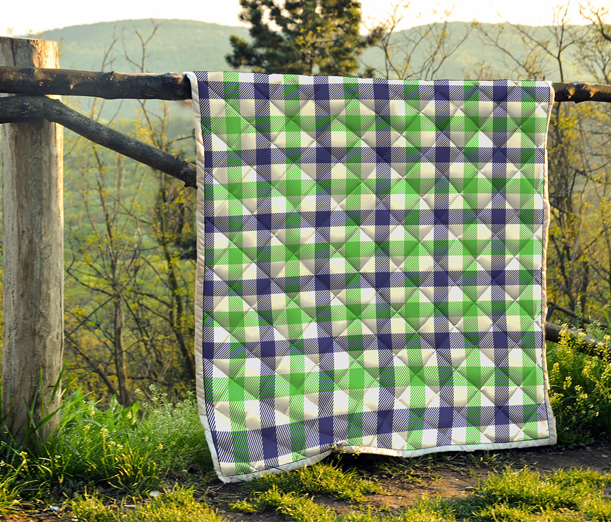 White Navy And Green Plaid Print Quilt