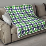 White Navy And Green Plaid Print Quilt