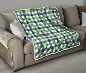 White Navy And Green Plaid Print Quilt