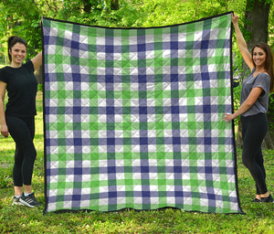 White Navy And Green Plaid Print Quilt