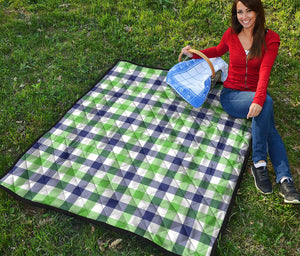 White Navy And Green Plaid Print Quilt