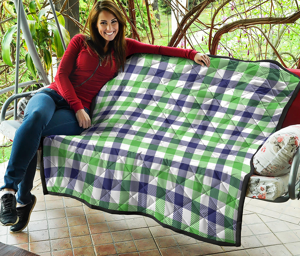 White Navy And Green Plaid Print Quilt