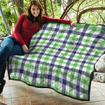 White Navy And Green Plaid Print Quilt