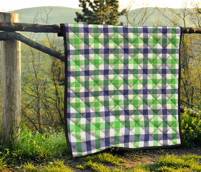 White Navy And Green Plaid Print Quilt