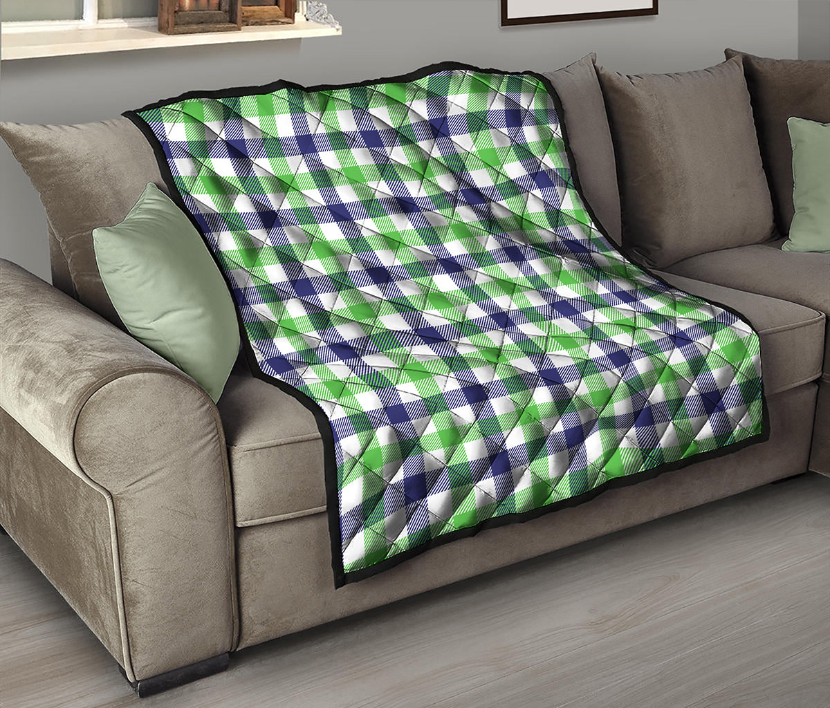 White Navy And Green Plaid Print Quilt