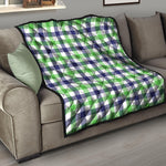 White Navy And Green Plaid Print Quilt