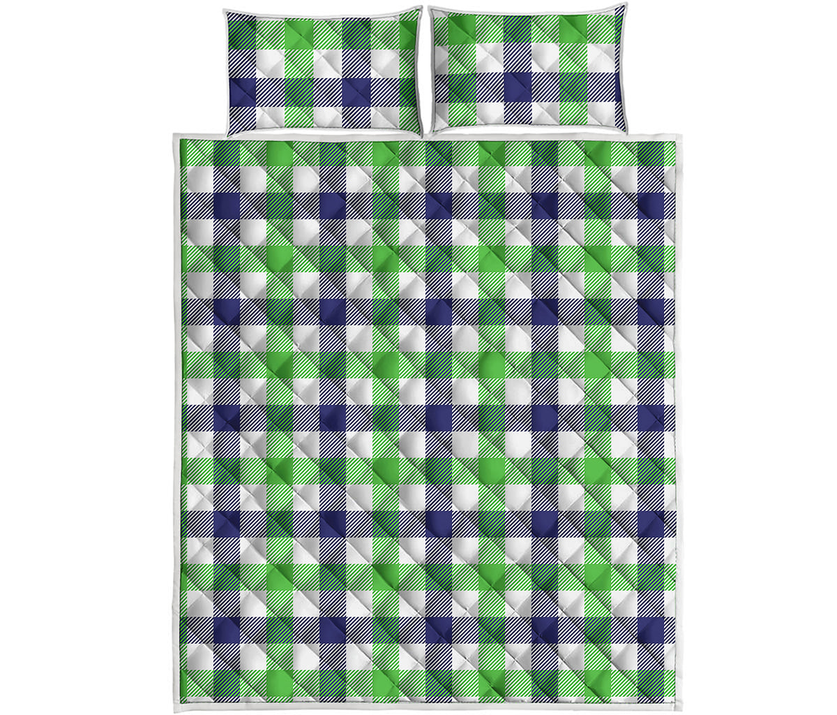 White Navy And Green Plaid Print Quilt Bed Set