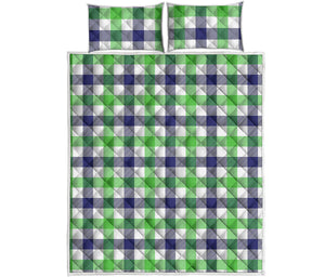 White Navy And Green Plaid Print Quilt Bed Set