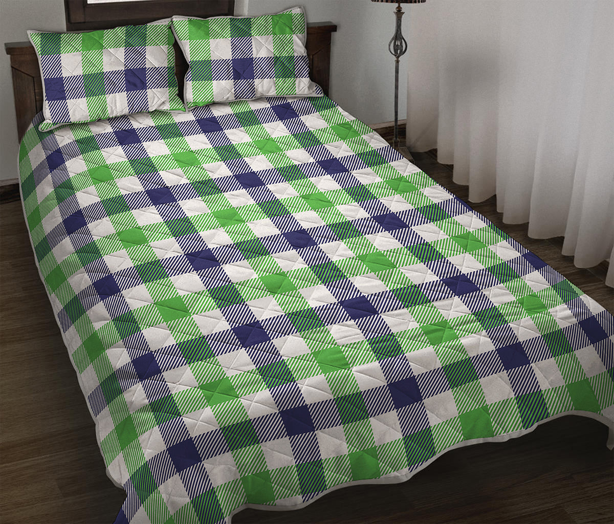 White Navy And Green Plaid Print Quilt Bed Set