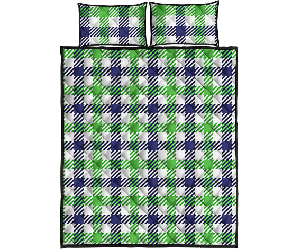 White Navy And Green Plaid Print Quilt Bed Set