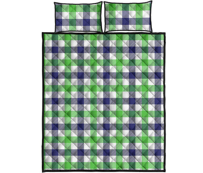 White Navy And Green Plaid Print Quilt Bed Set
