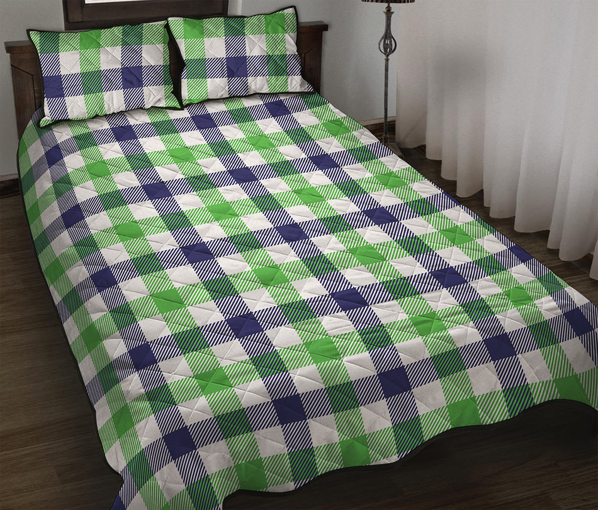 White Navy And Green Plaid Print Quilt Bed Set