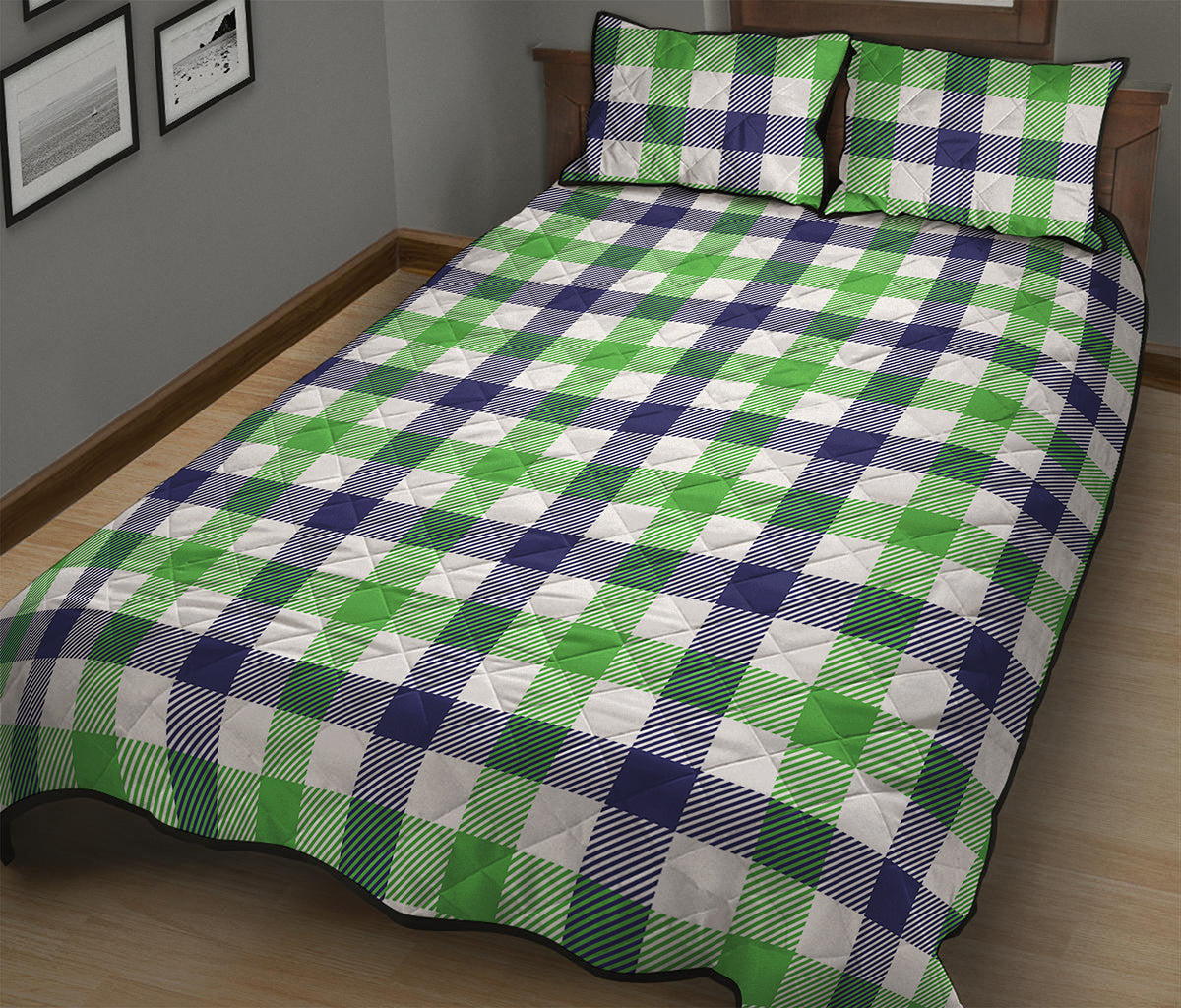 White Navy And Green Plaid Print Quilt Bed Set