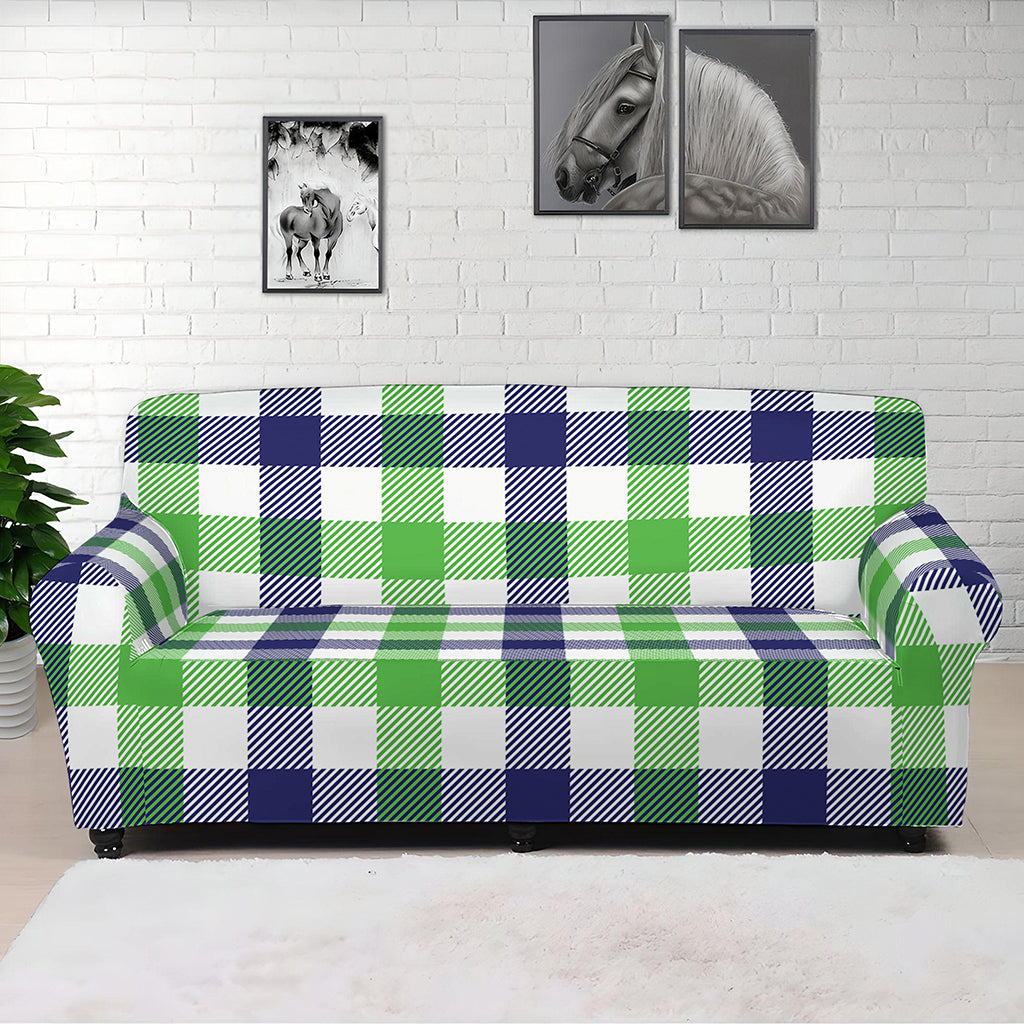 White Navy And Green Plaid Print Sofa Cover