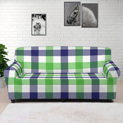 White Navy And Green Plaid Print Sofa Cover