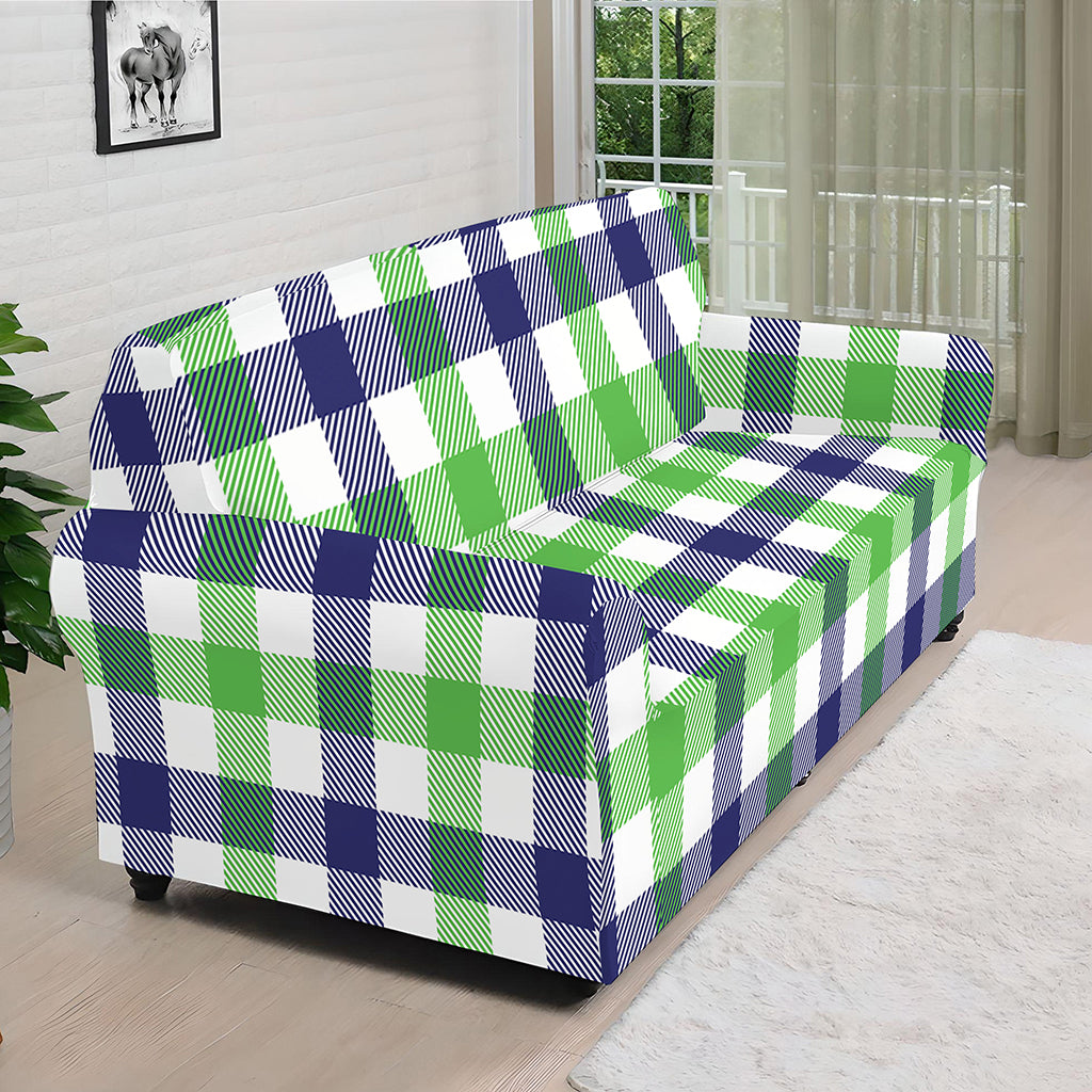 White Navy And Green Plaid Print Sofa Cover