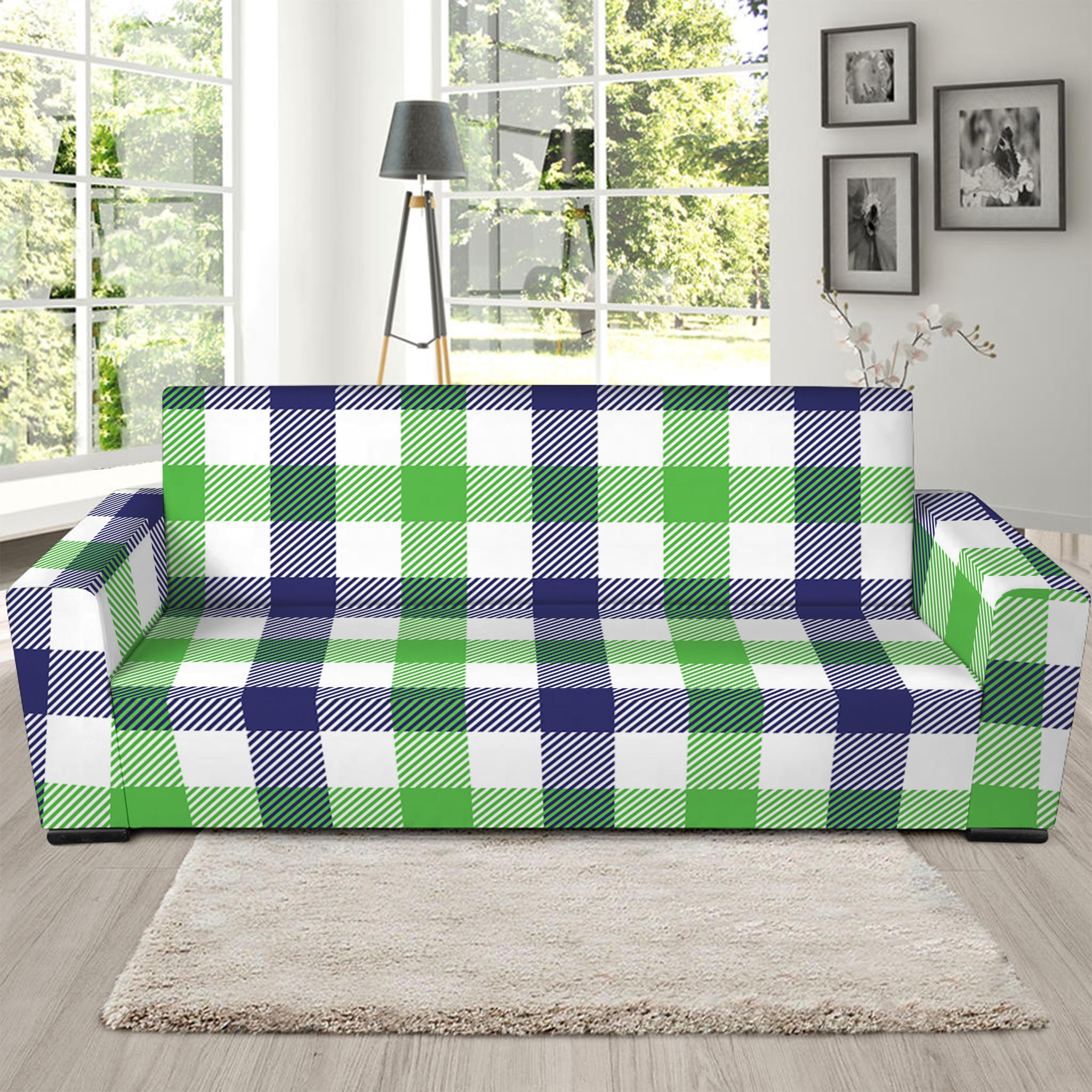 White Navy And Green Plaid Print Sofa Slipcover