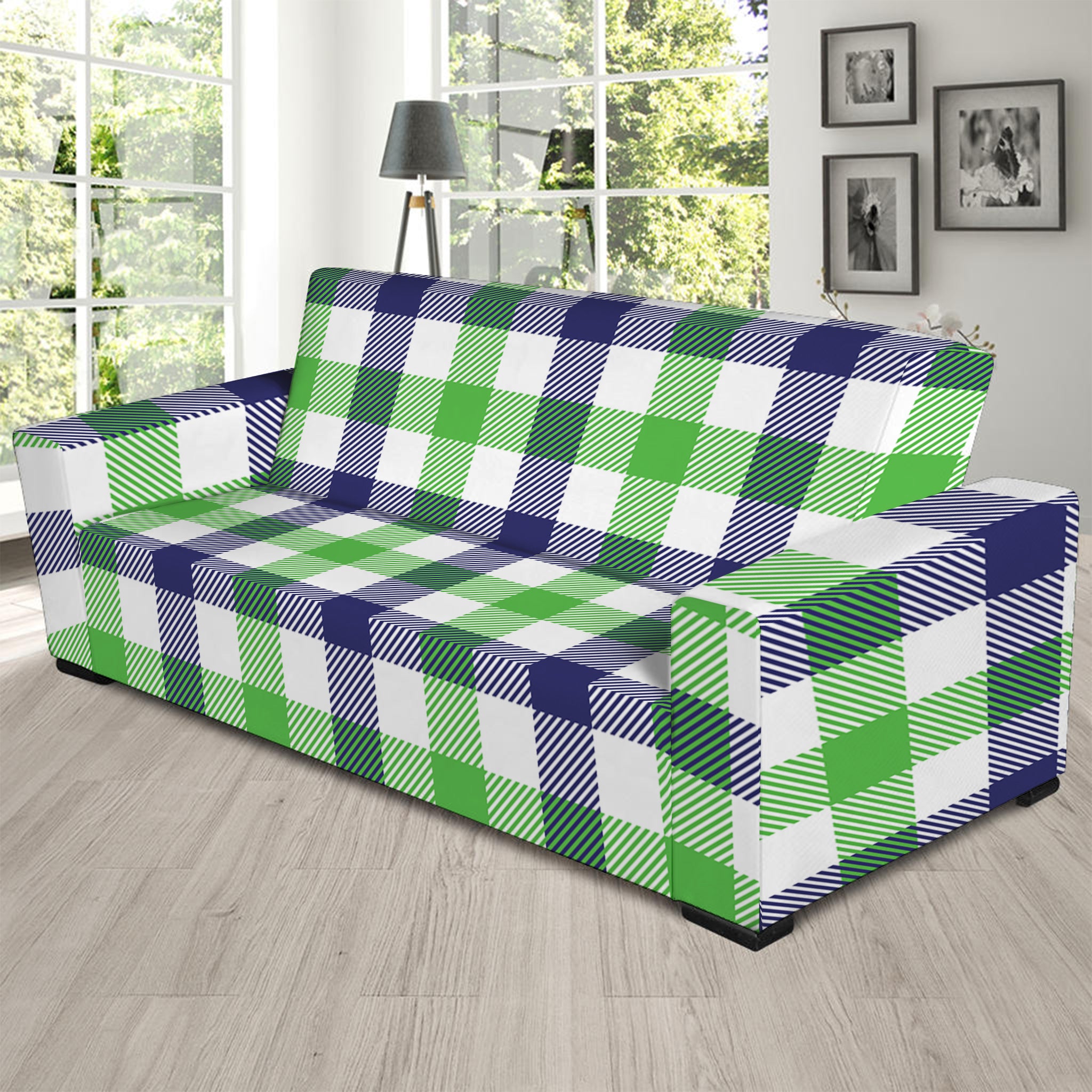 White Navy And Green Plaid Print Sofa Slipcover