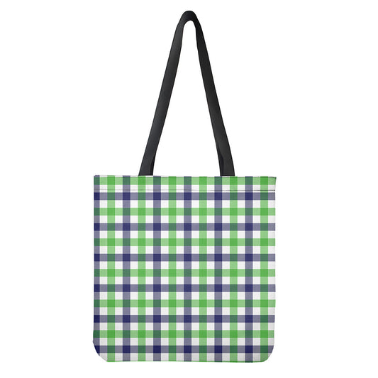 White Navy And Green Plaid Print Tote Bag