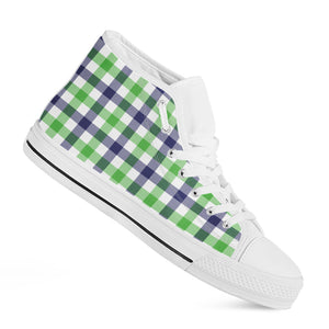 White Navy And Green Plaid Print White High Top Shoes