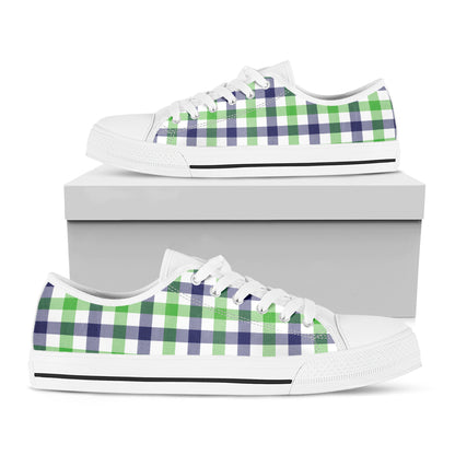 White Navy And Green Plaid Print White Low Top Shoes