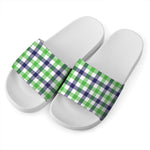 White Navy And Green Plaid Print White Slide Sandals
