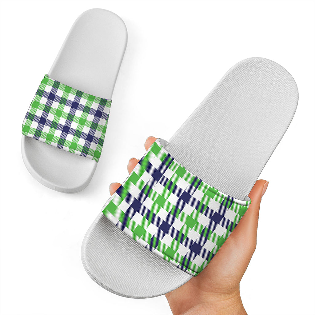 White Navy And Green Plaid Print White Slide Sandals
