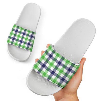 White Navy And Green Plaid Print White Slide Sandals
